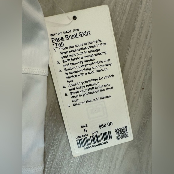 Rare Lululemon Pace Rival Skirt Tall 15” White -Size 6 NWT Original Release - Picture 9 of 11